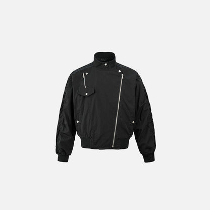 Front view of the black Utility Pocket Aviator Jacket in a gray background