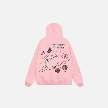 Back view of the pink Happy Cat Comfort Hoodie in a gray background