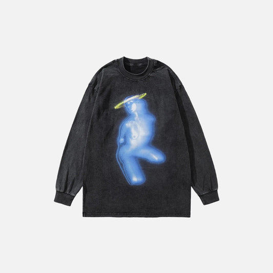 Front view of the black Y2K Halo Spirit Sweatshirt in a gray background