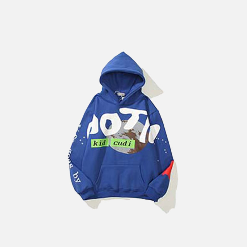 front view of the blue The Chosen Kid Cudi Hoodie in a gray background