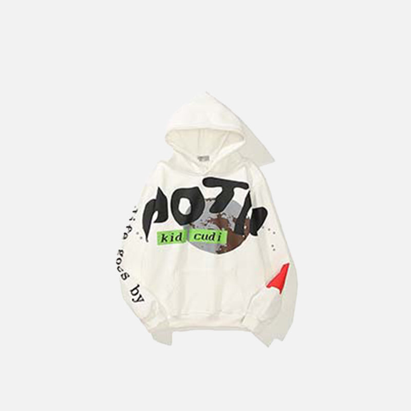 front view of the white The Chosen Kid Cudi Hoodie in a gray background