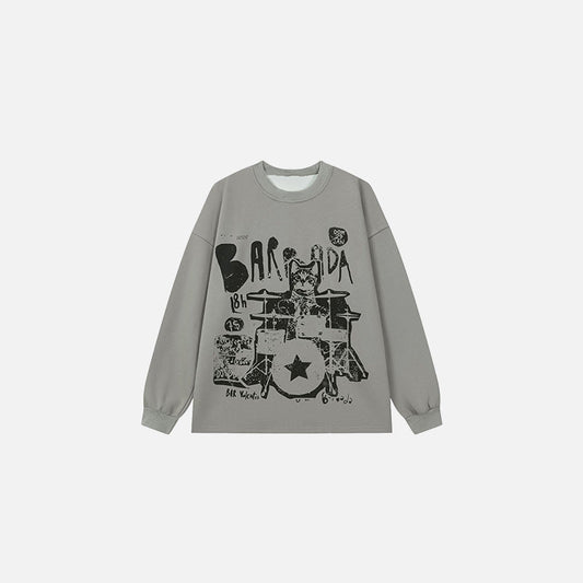 Front view of the gray Rockstar Drummer Sweater in a gray background
