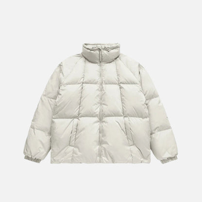 Front view of the white High-Neck Puffer Jacket in a gray background