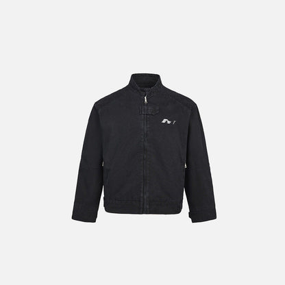 Front view of the black Sleek Performance Track Jacket in a gray background