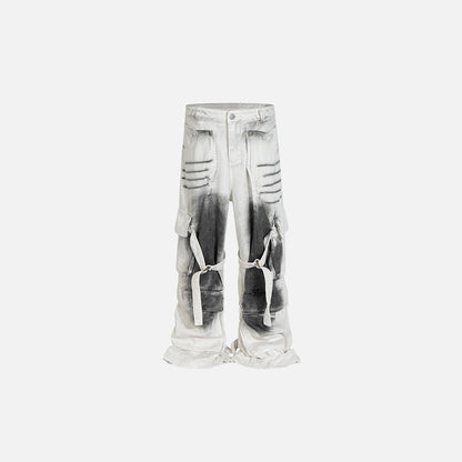 Front view of the white Tech Utility Cargo Jeans in a gray background