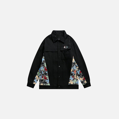 Front view of the black Patchwork Pop Jacket in a gray background
