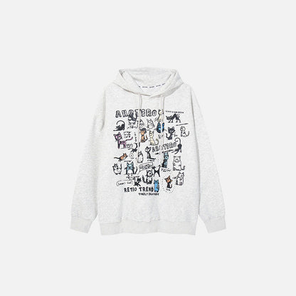 Front view of the gray Cosmic Kitties Hoodie in a gray background
