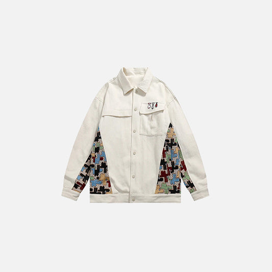 Front view of the beige Patchwork Pop Jacket in a gray background