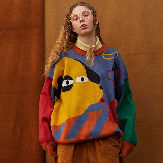 Y2K Cartoon Dog Print Sweater
