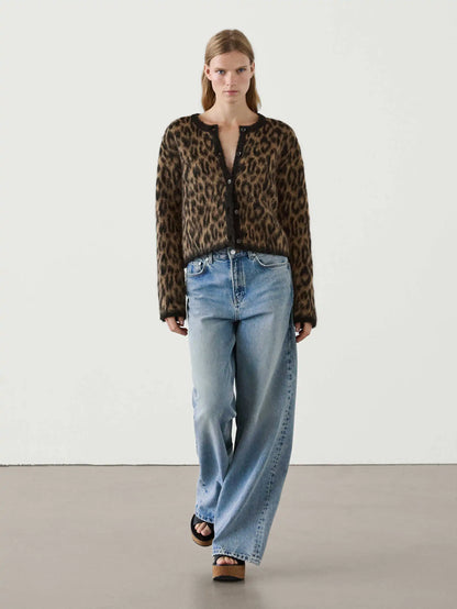 Ethereal Brown Leopard Print Round Neck Cardigan