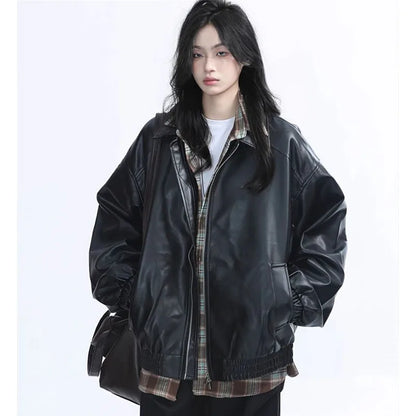 Women Vintage Zipper Faux Leather Jacket