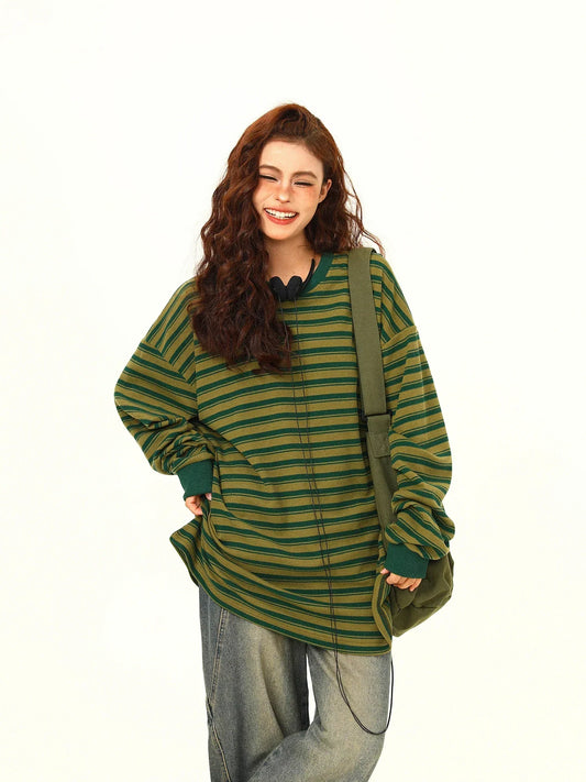 Green Stripe Loose Casual Sweatshirt