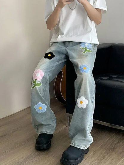 Model wearing the blue Retro Flower Embroidered Jeans 