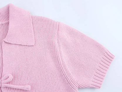 Sweet Bow Decoration Knitted Short Cardigan