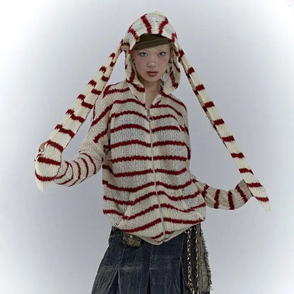 Grunge Vintage Rabbit Ears Striped Cardigan