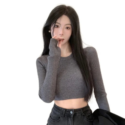 Model wearing the gray Long-Sleeve Ribbed Crop Sweater