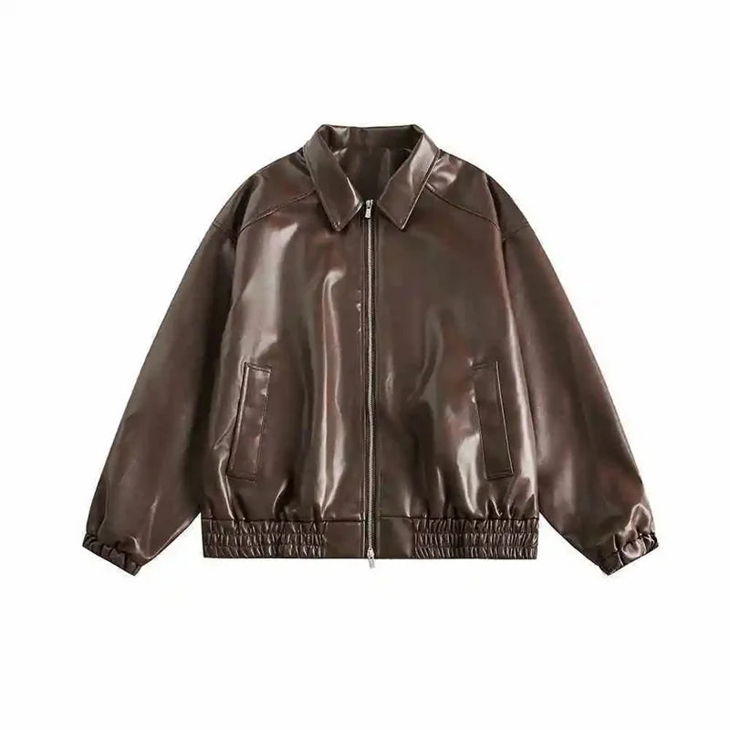 Women Vintage Zipper Faux Leather Jacket
