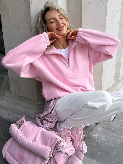 Oversized Pink Zipped Fleece SweatShirt