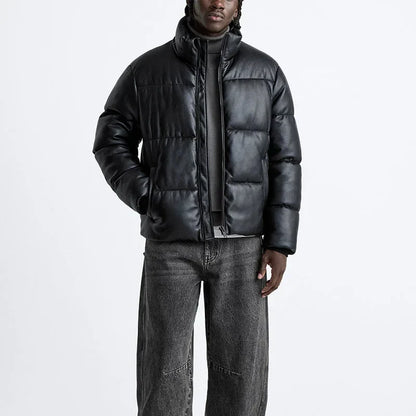 Thick Faux Leather Standing Collar Jacket