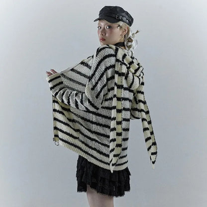 Grunge Vintage Rabbit Ears Striped Cardigan