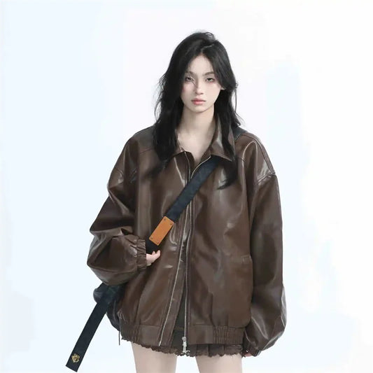 Women Vintage Zipper Faux Leather Jacket