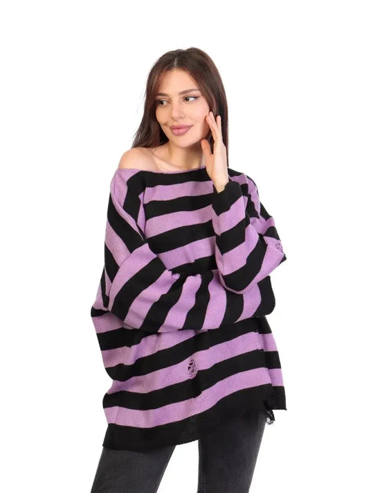 Women Gothic Oversized Striped Knitted Sweater