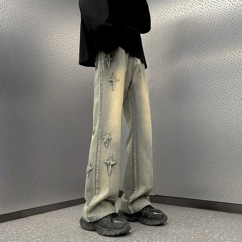Y2K Embroidered Cross Denim Jeans