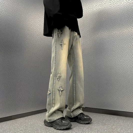 Y2K Embroidered Cross Denim Jeans