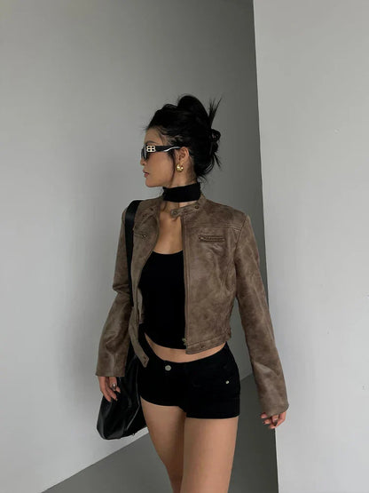 Women Retro Slim Stand Collar Leather Jacket
