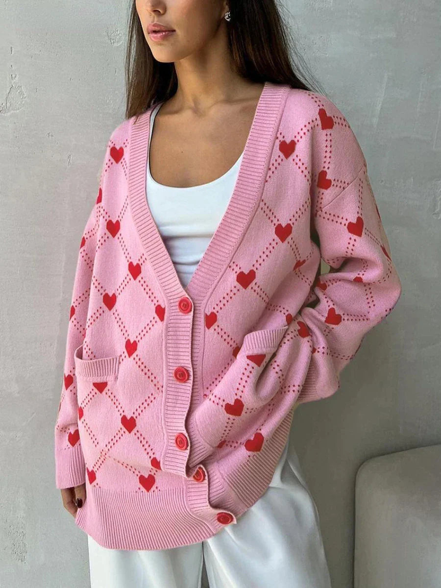 Women Cute Pink Hearts Print Oversize Knitted Cardigan