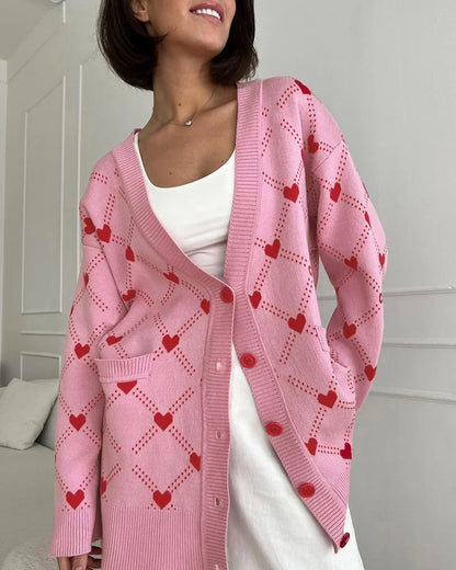 Women Cute Pink Hearts Print Oversize Knitted Cardigan