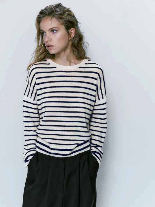 Women Retro Ethereal Stripe Crew Neck Sweater