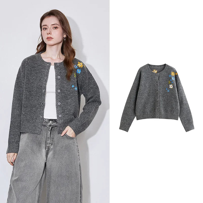 Floral Embroidered Round Neck Cardigan