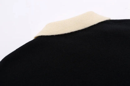Retro Black Letter Print Polo Sweater