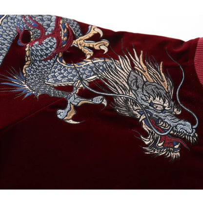 Dragon Phoenix Embroidered Velvet Bomber Jacket