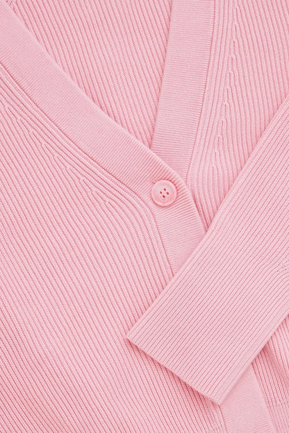 Ethereal Pink Autumn V-Neck Ribbed Cardigan