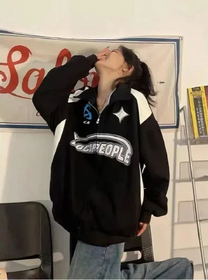 Oversized Vintage Black White Zip-Up Sweatshirt