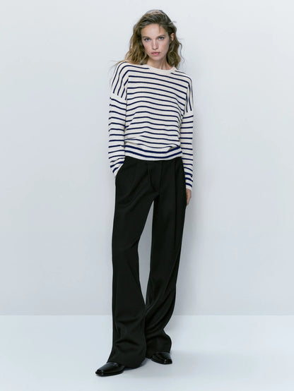 Women Retro Ethereal Stripe Crew Neck Sweater