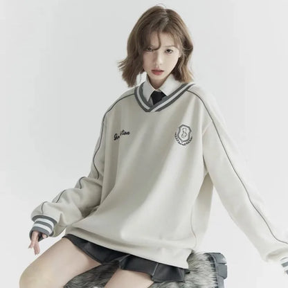 American Style Contrasting Color Retro V-Neck Sweatshirt