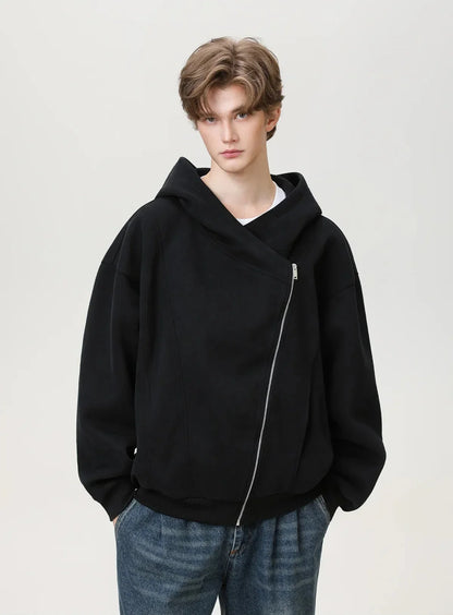 Textured Slant Zipper Hooded Sweatshirt
