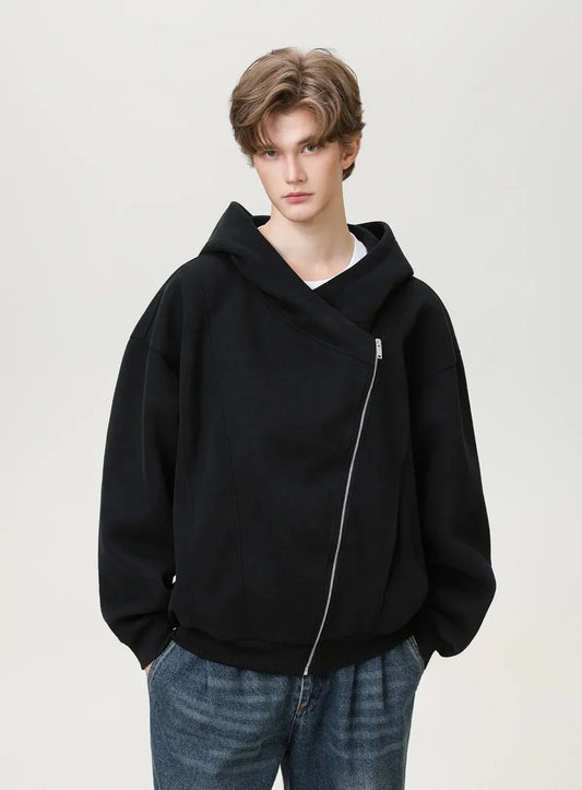 Textured Slant Zipper Hooded Sweatshirt