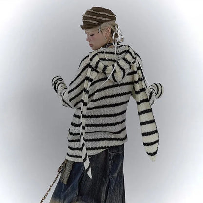 Grunge Vintage Rabbit Ears Striped Cardigan