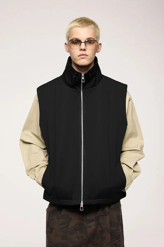 Model wearing the black SleeveLess Zip-Up Vest