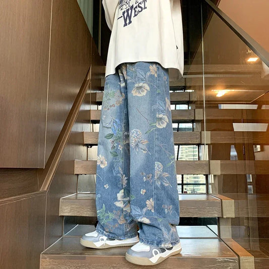 Model wearing the blue Floral Wide-Leg Jeans