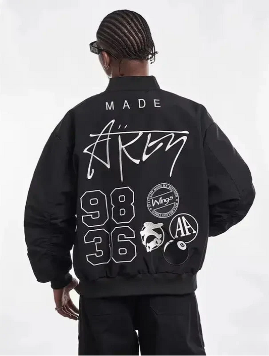Men Black Hip Hop Vintage Embroidered Pilot Jacket