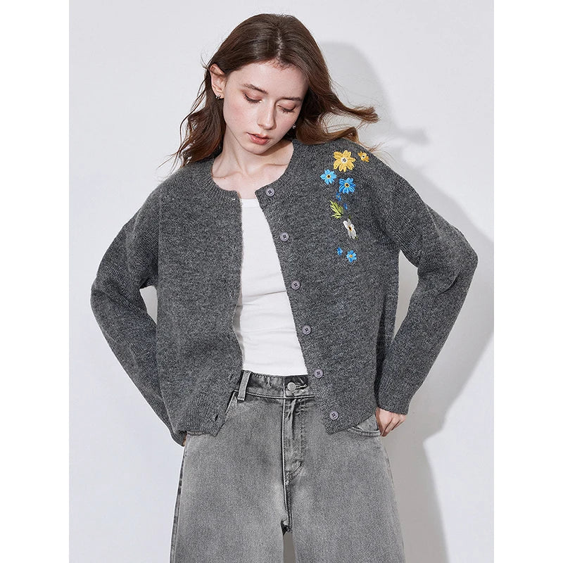 Floral Embroidered Round Neck Cardigan