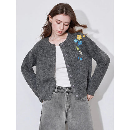 Floral Embroidered Round Neck Cardigan