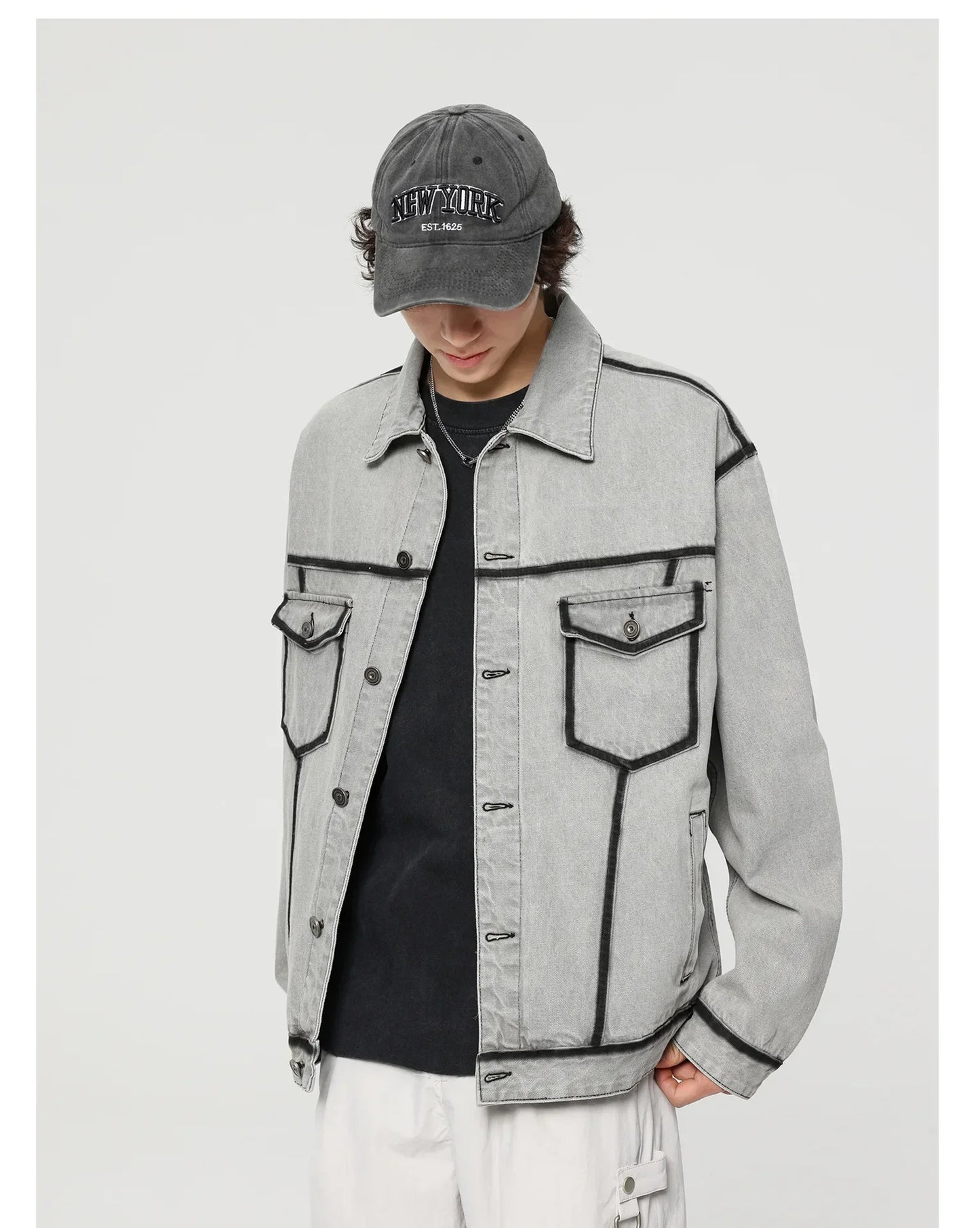 Gray Korean Style Vintage Motorcycle Denim Jacket