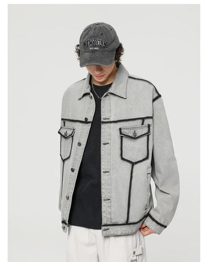 Gray Korean Style Vintage Motorcycle Denim Jacket