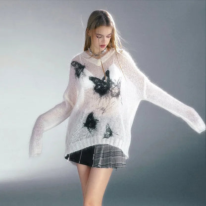 Vintage Grunge Butterfly Print Knitted Top